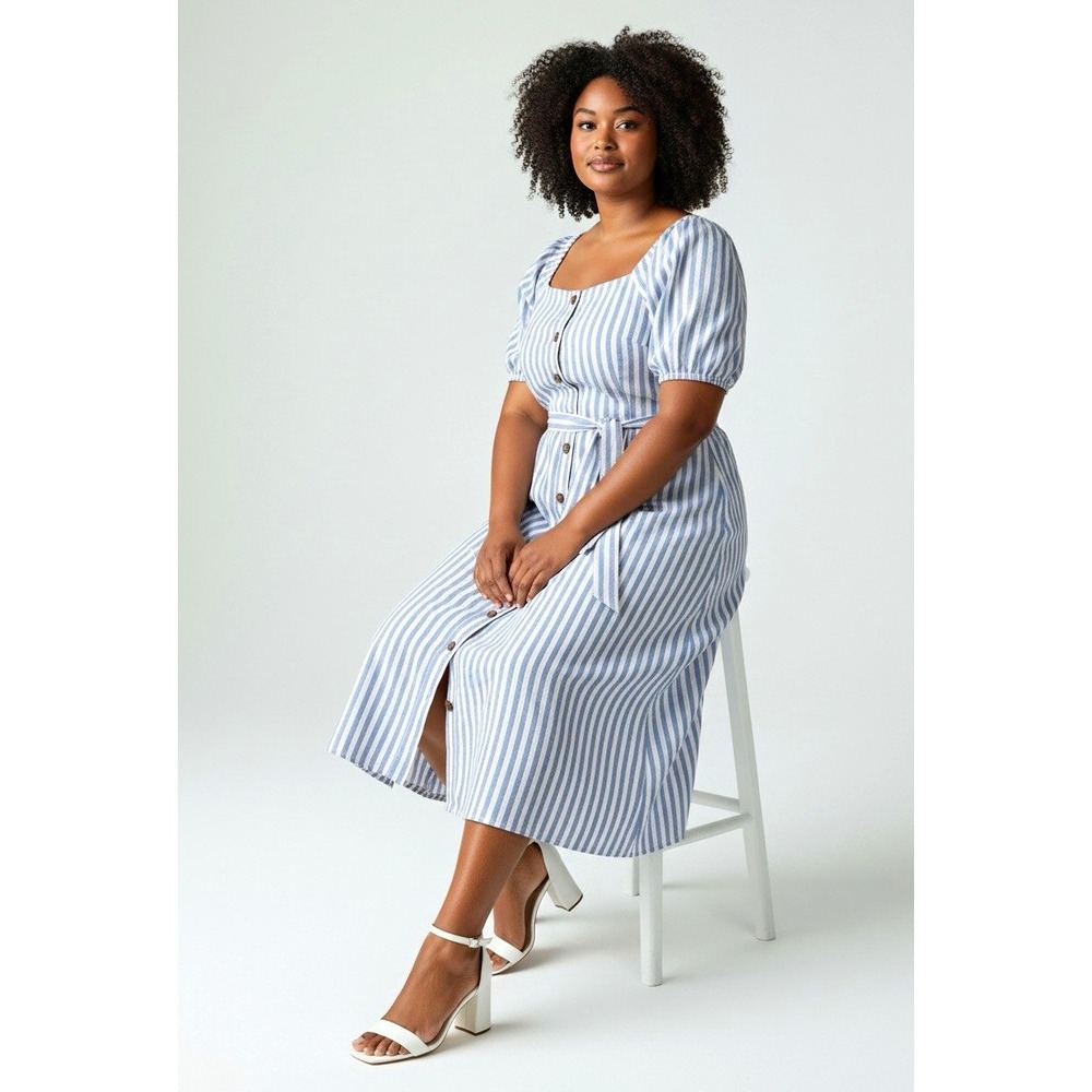 J.CREW Womens Blue White Striped Puff Sleeve Button Front Midi Dress XL